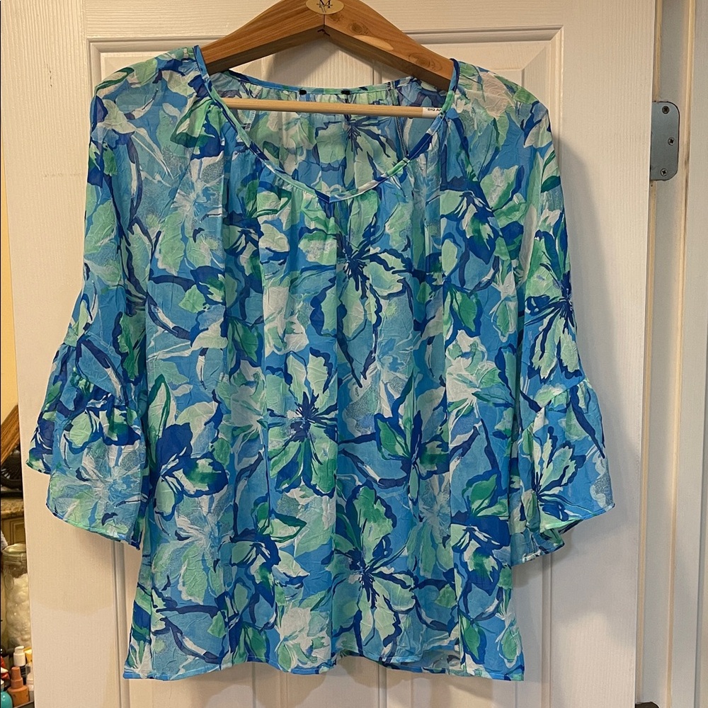 Vibrant Floral Women's Blouse in Blue and Green 2X Cold shoulder Flutter sleeve - Picture 5 of 11